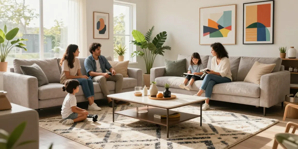 Cozy living room showcasing modern furniture and family interaction, featuring depo 5k styled elements and natural light.