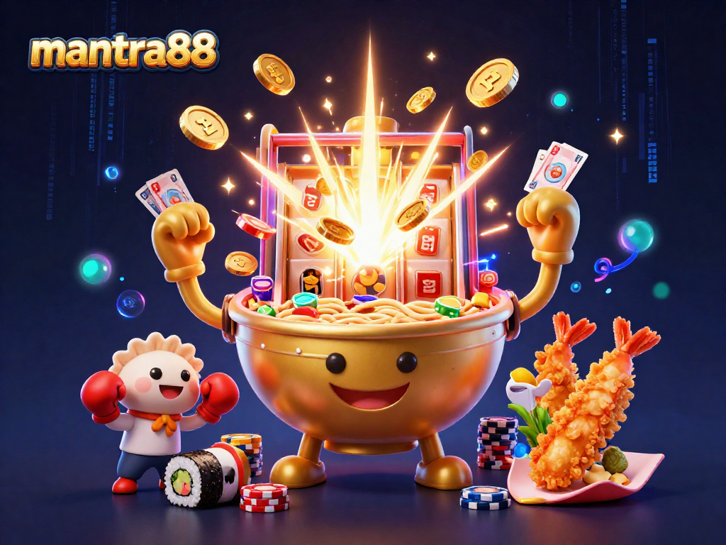 Experience thrill and winnings at mantra88 with a colorful 3D illustration featuring an explosion of slot machine coins and lively characters.