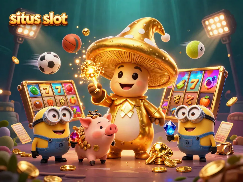Ilustrasi 3D kartun mendetail dari penyihir jamur emas dan simbol situs slot, penuh kemewahan.