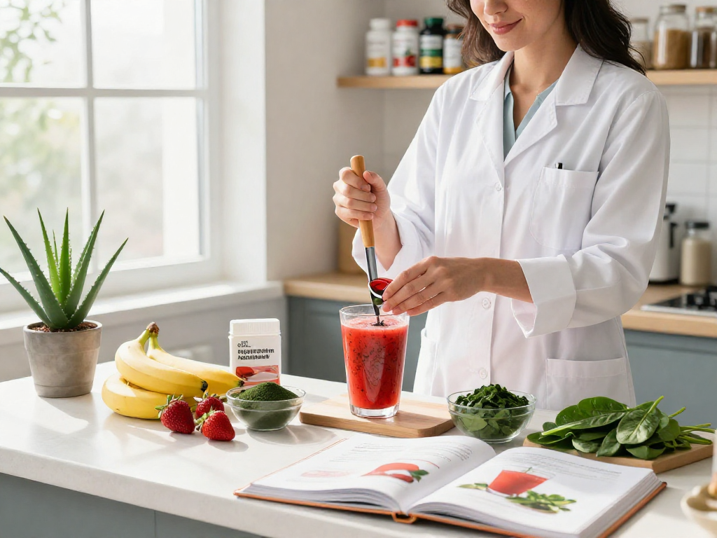 Nutritionist preparing a premium astaxanthin smoothie with fresh ingredients in a bright kitchen.