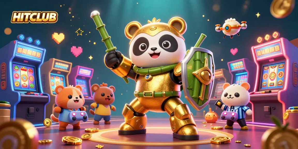 Join the excitement at HITCLUB’s casino featuring a mech-suit golden panda and vivid 3D gaming elements.