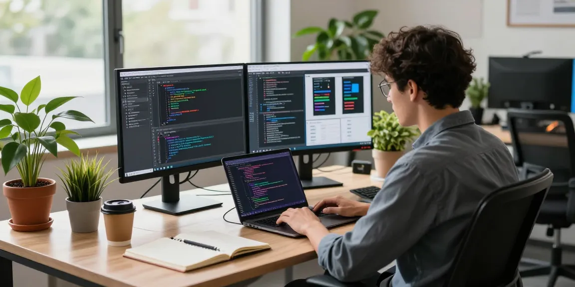 Developer coding at a vibrant tech workspace showcasing 纸飞机官网 features in a modern office environment.