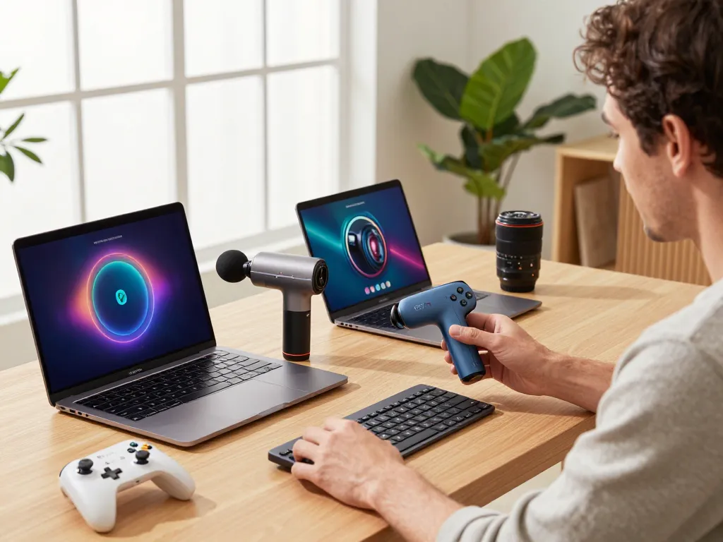 The best tech gadgets for men showcased in a modern home office, featuring innovative Bluetooth devices like Renpho Power Massage Gun and 8BitDo Controllers.