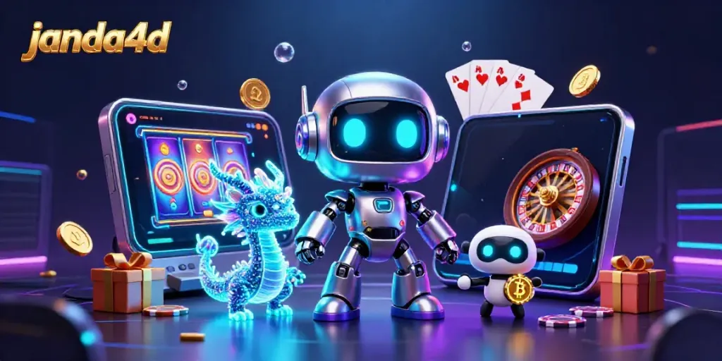 Permainan slot janda4d dengan karakter robot 3D futuristik dan efek cahaya menarik.