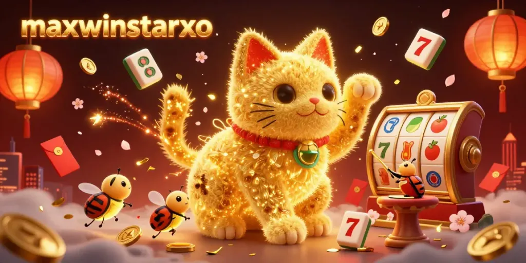 Maxwinstarxo showcases a dynamic lucky cat in a casino setting with vibrant colors and rich details.