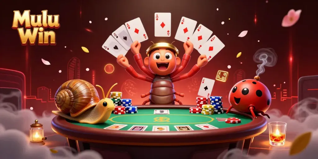 Join the excitement with Mulu Win at a vibrant poker table where colorful chips stack high and a unique cartoon dealer entertains!