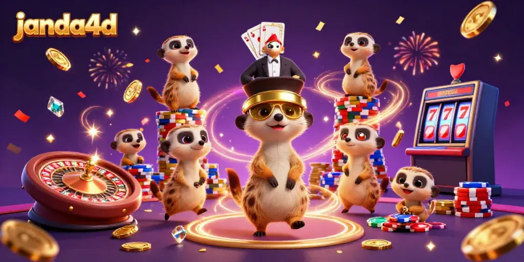 Meerkats beroperasi di kasino 3D yang meriah di janda4d, dikelilingi koin emas dan kartu bermain.
