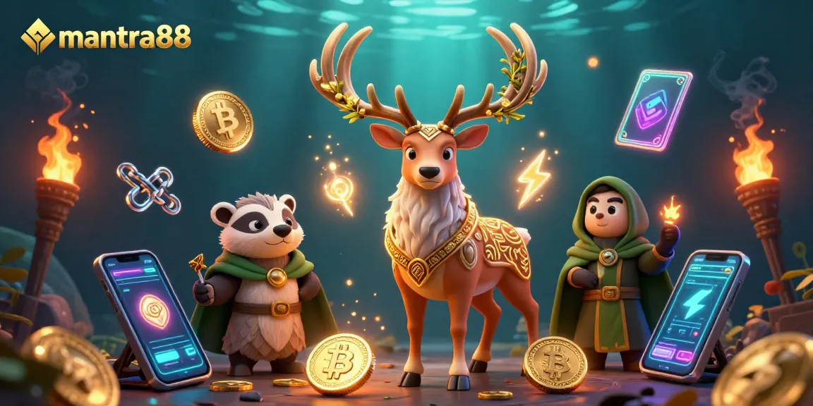 Engage with mantra88 dynamic rewards showcasing a Celtic stag and badger amid glowing crypto elements.