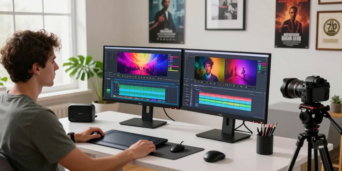 Learn color correction and cinematic grading in a vibrant video editing workspace with dual monitors and natural light.