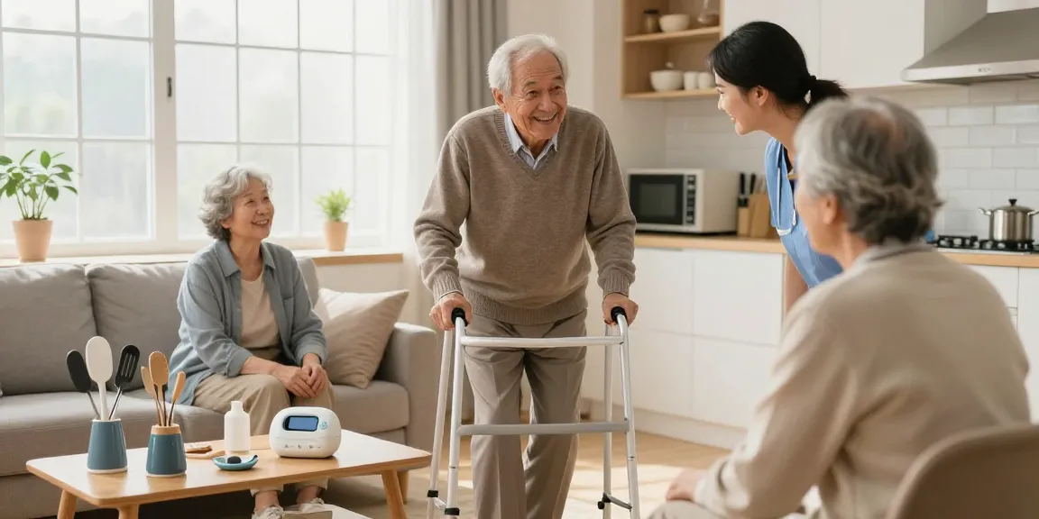 老人用品推薦 showcased in a cozy living room with seniors using assistive devices for independent living.