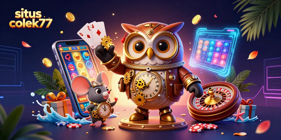 Play exciting games at situs colek77 with a 3D rendering of an owl and casino elements.