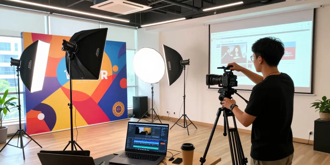 Professional videography services in Sg showcasing a videographer preparing a studio setup for a corporate shoot.