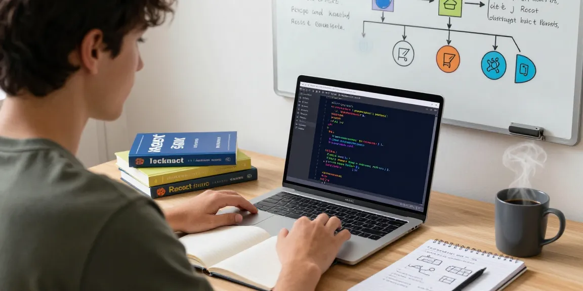 Online learner engaging with a React JS certification course on a laptop, showcasing coding and study materials.