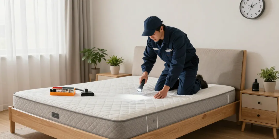 Professional bed bug pest control technician inspecting a clean bedroom for signs of bed bugs.