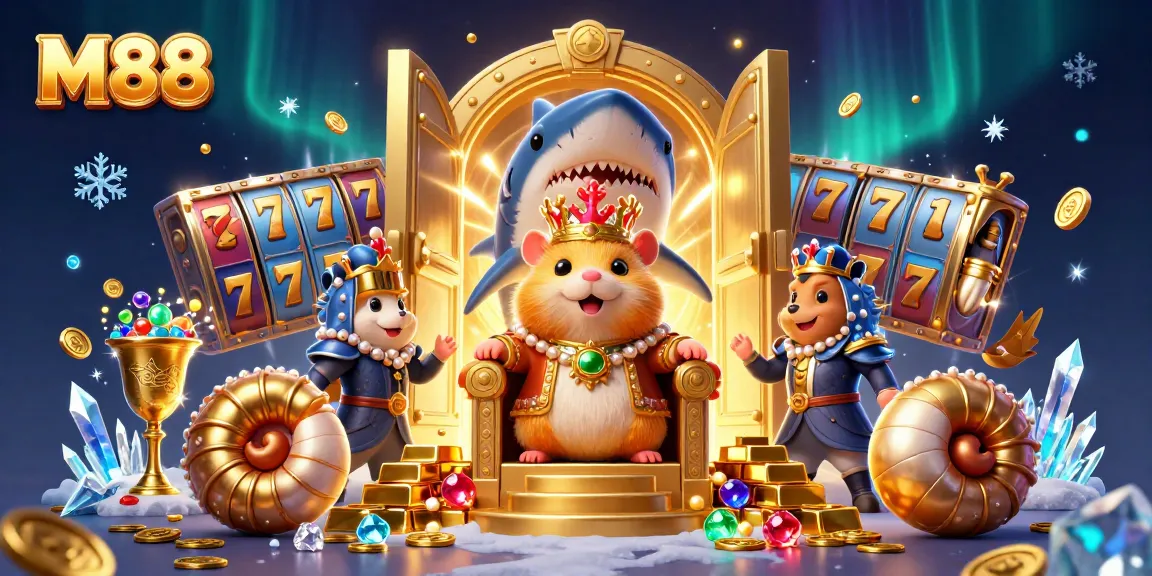 Experience M88's vibrant gaming atmosphere with a fierce hamster king amid treasure and slots.