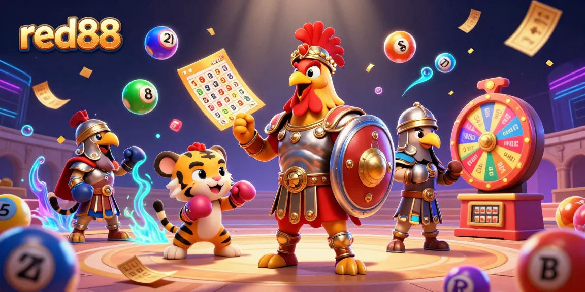 Play exciting games at red88 with an animated scene of a rooster gladiator and vibrant lottery elements.