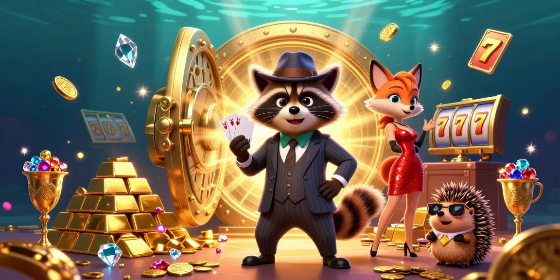 Dhani win enthusiasts celebrate with a charming raccoon and fox in a vibrant casino scene full of treasures.