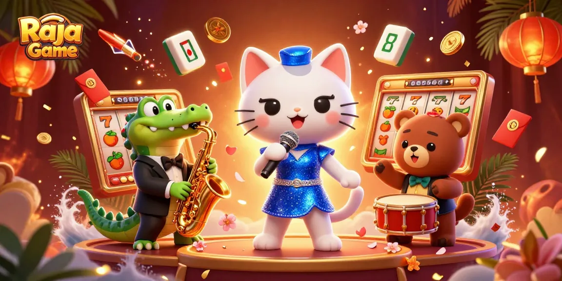 Experience Raja Game’s thrilling slot gameplay with a vibrant 3D casino scene featuring engaging characters.