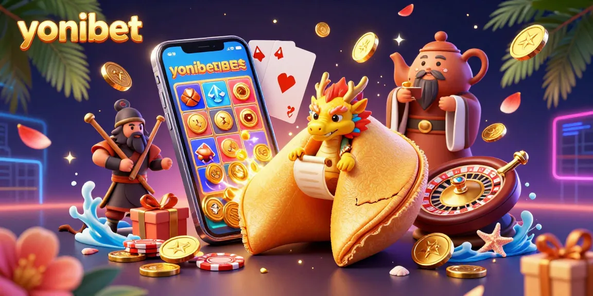 Experience the excitement of yonibet with a lively illustration featuring a golden fortune cookie and magical gaming elements.