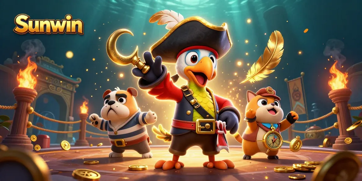 Engage in thrilling casino adventures at Sunwin with a colorful 3D illustration of a pirate captain, bulldog, and cat navigating through a vibrant gaming world.