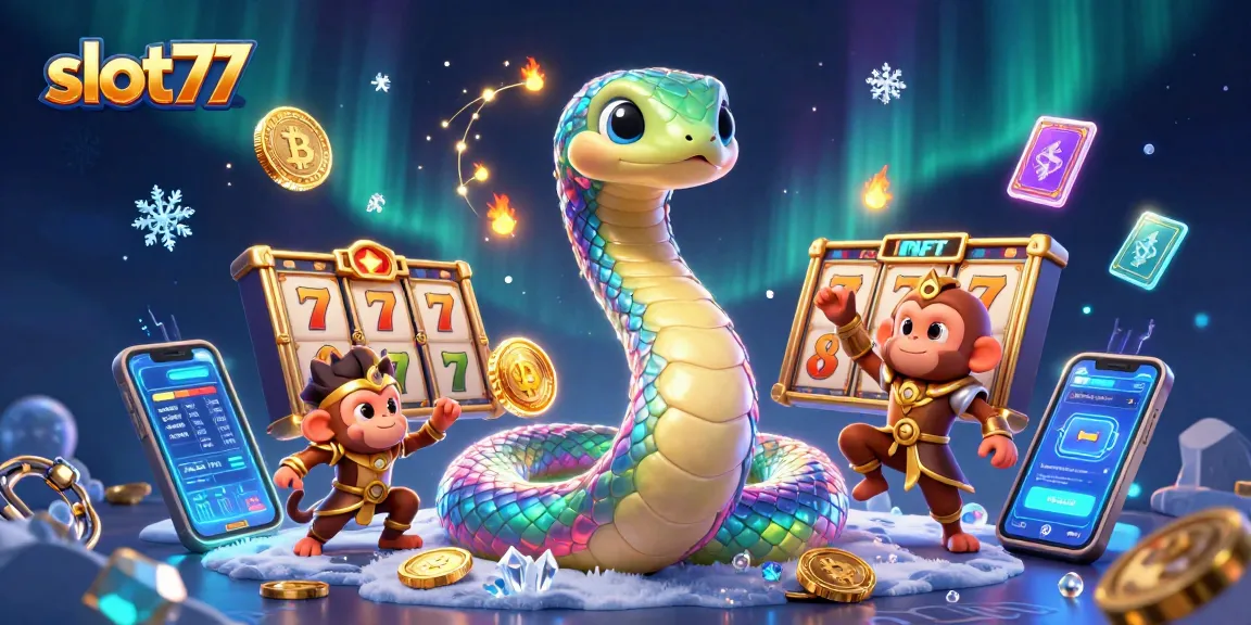 Mengaktifkan slot77 untuk jackpot maksimal dengan simbol permainan slot yang berkilau dan makhluk fantastis.