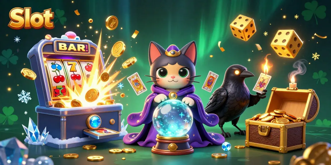 Engage in thrilling Slot action with a mystic cat, raven, and vibrant casino elements.