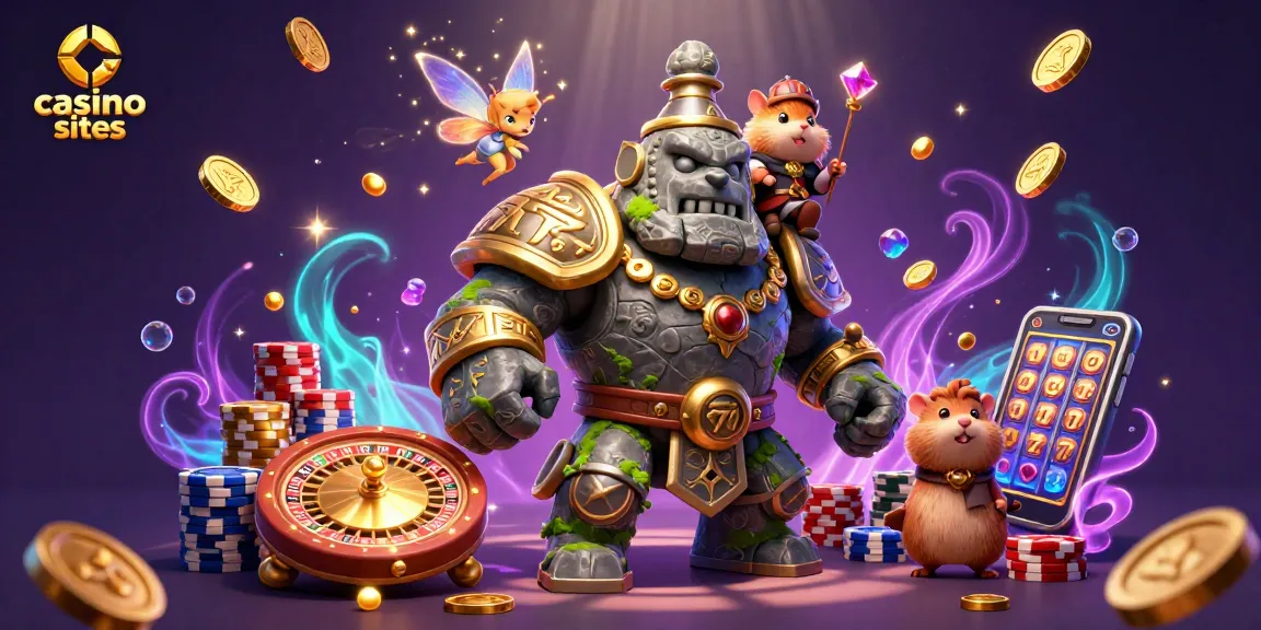 Experience thrilling action at casino sites with a magical scene of a golem guardian, fairy, and hamster knight.