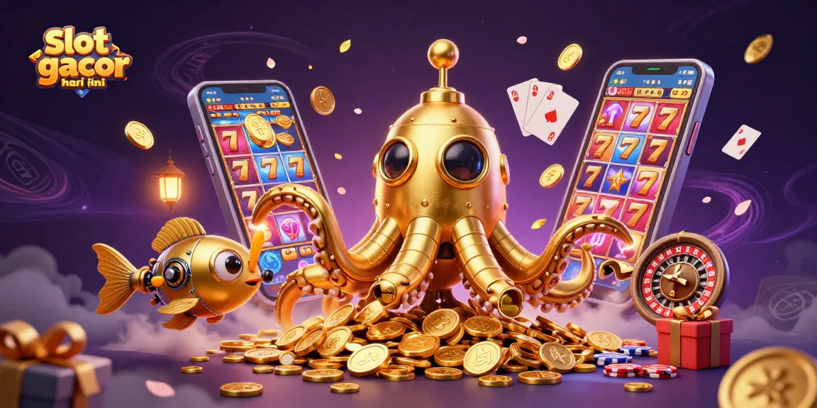 Engage with slot gacor hari ini through a vibrant 3D casino scene featuring a golden kraken and slot games.