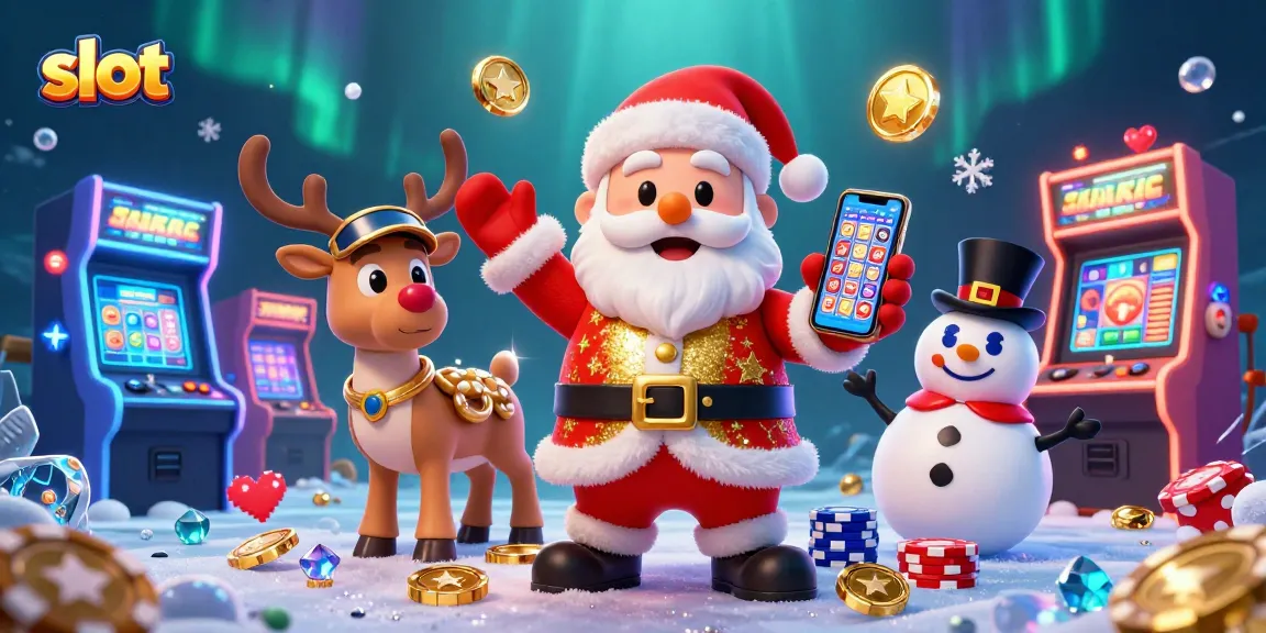 Slot menampilkan Santa dalam outfit kasino, sambil menunjukkan jackpot slot pada smartphone.