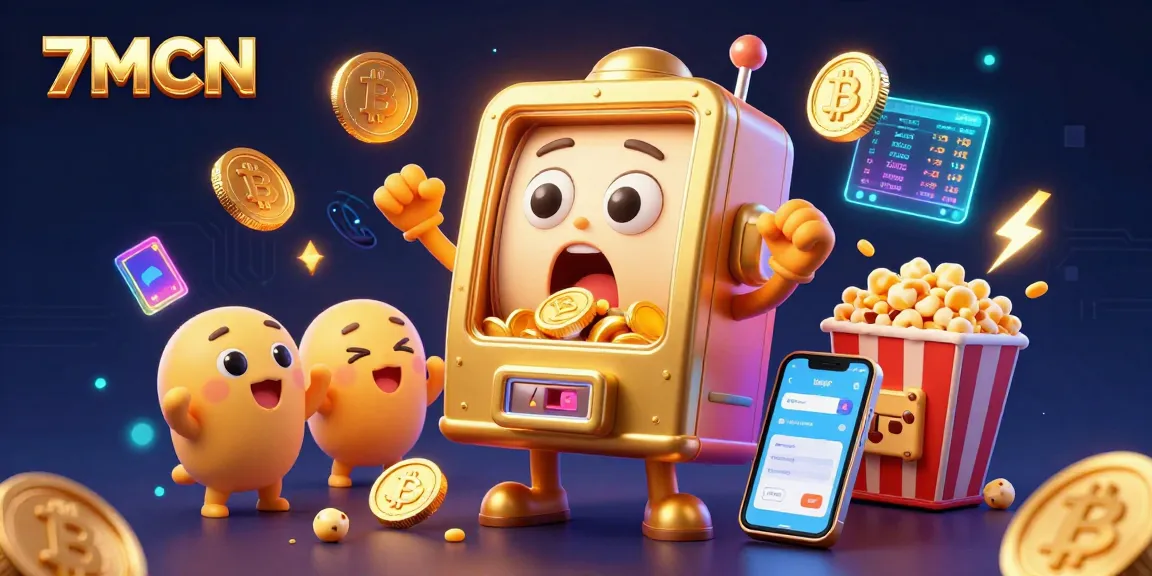 Experience the thrill of winning with the 7MCN slot machine hitting a jackpot amid cheering companions and crypto visuals.
