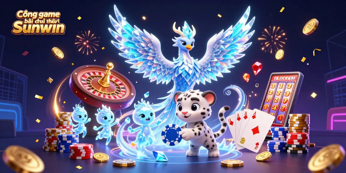 Cổng game bài đổi thưởng Sunwin showcases a vibrant scene of winning with colorful game elements and magical characters.
