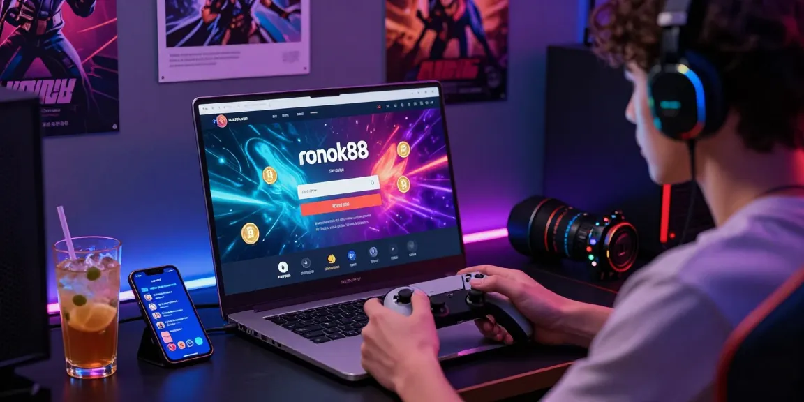 Engaging gaming scene with rokok88 login on user's laptop, dynamic graphics and colorful atmosphere.