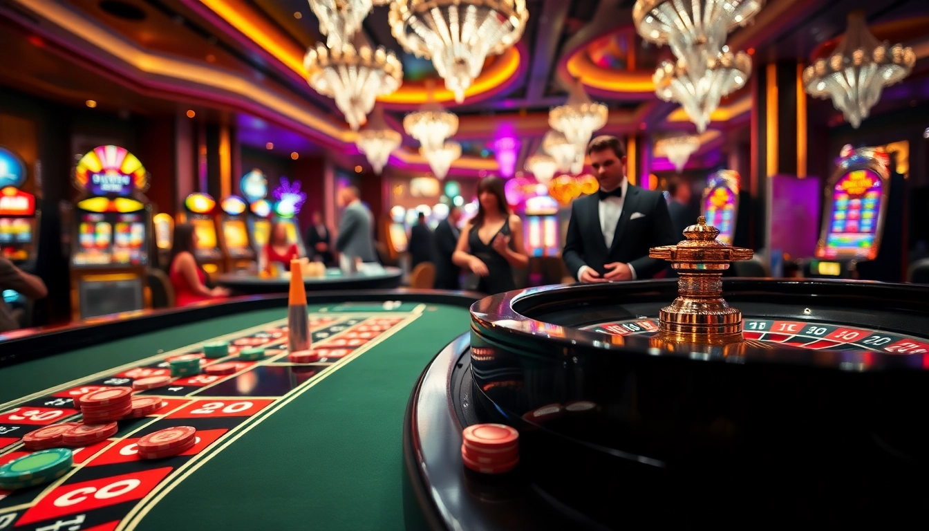 Karirtoto menghadirkan suasana kasino yang meriah dengan pemain dan meja roulette.