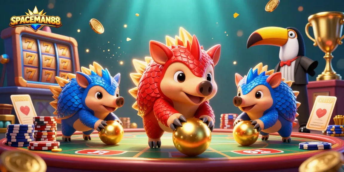 SPACEMAN88 features two rival pangolins competing in a slot game surrounded by vibrant casino-themed elements.