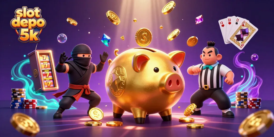 Experience excitement at slot depo 5k with golden coins cascading and vibrant gaming elements.