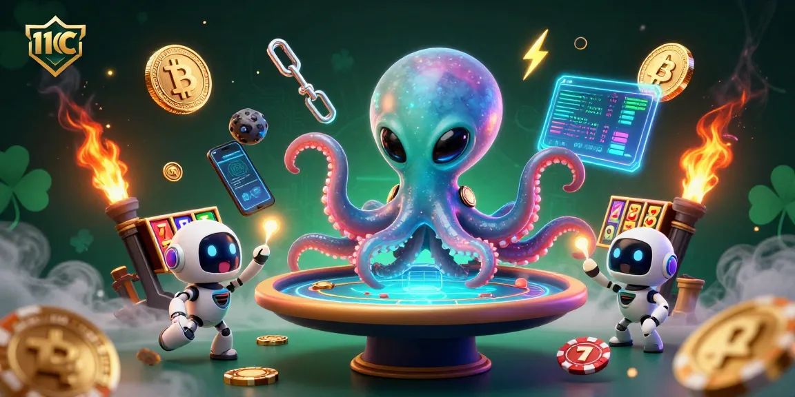 Experience 11CC's thrilling gameplay with a vibrant 3D illustration of an alien octopus playing poker.