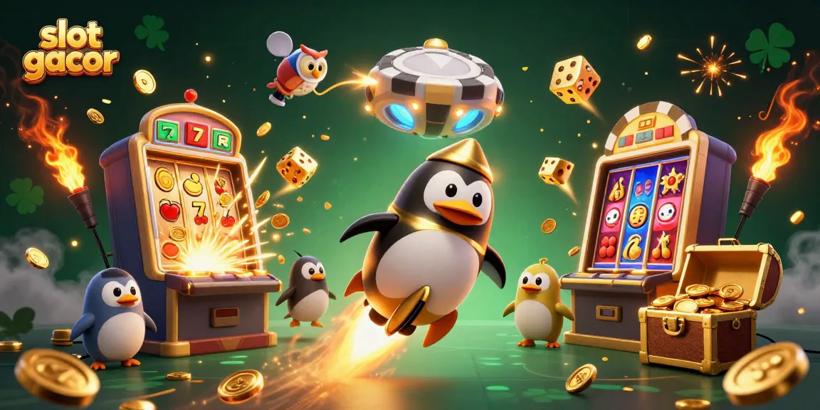 Play slot gacor and enjoy vibrant 3D cartoon casino illustration with golden penguin and jackpots.