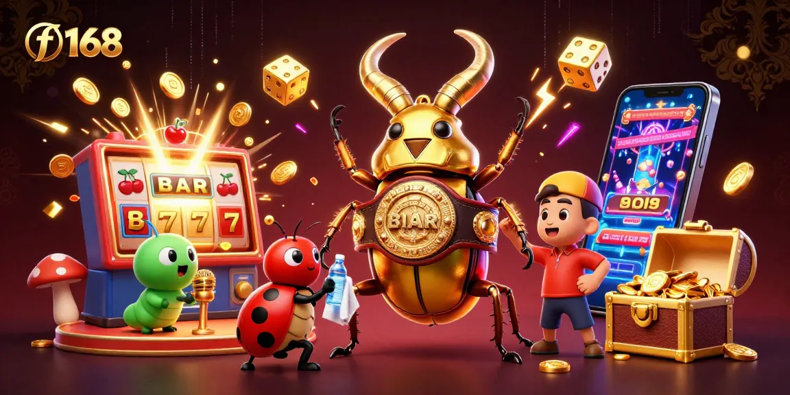 Win big with f 168 as the golden stag beetle champions in a vibrant casino scene.