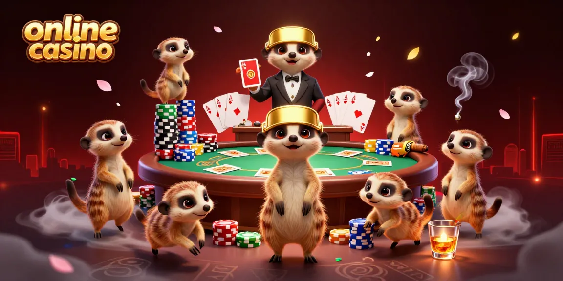Experience the vibrant atmosphere of an online casino with animated meerkats managing a poker game.