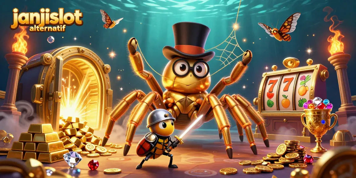 Engage with janjislot alternatif in an exciting digital casino adventure featuring a golden tarantula and beetle knight.