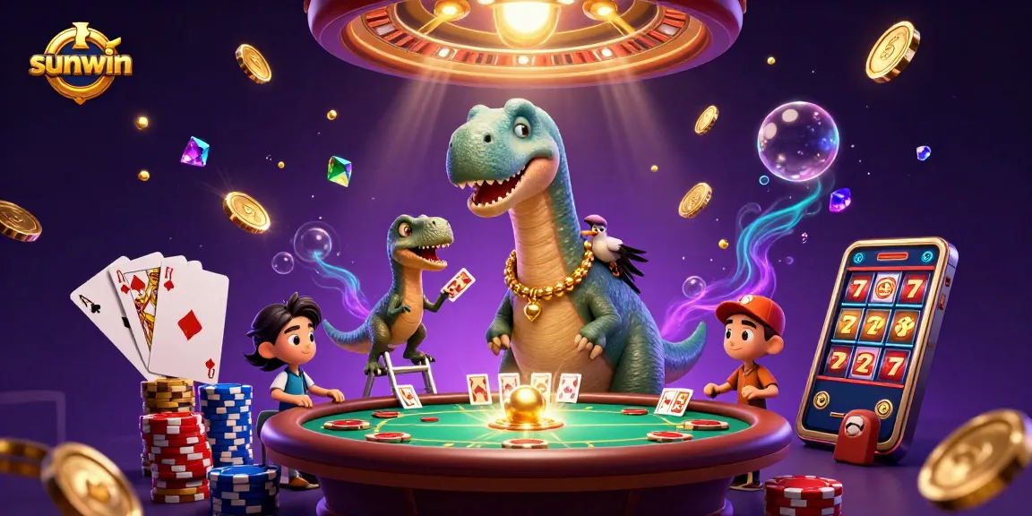 Experience the thrill with sunwin as a towering brontosaurus overlooks a dynamic casino scene.